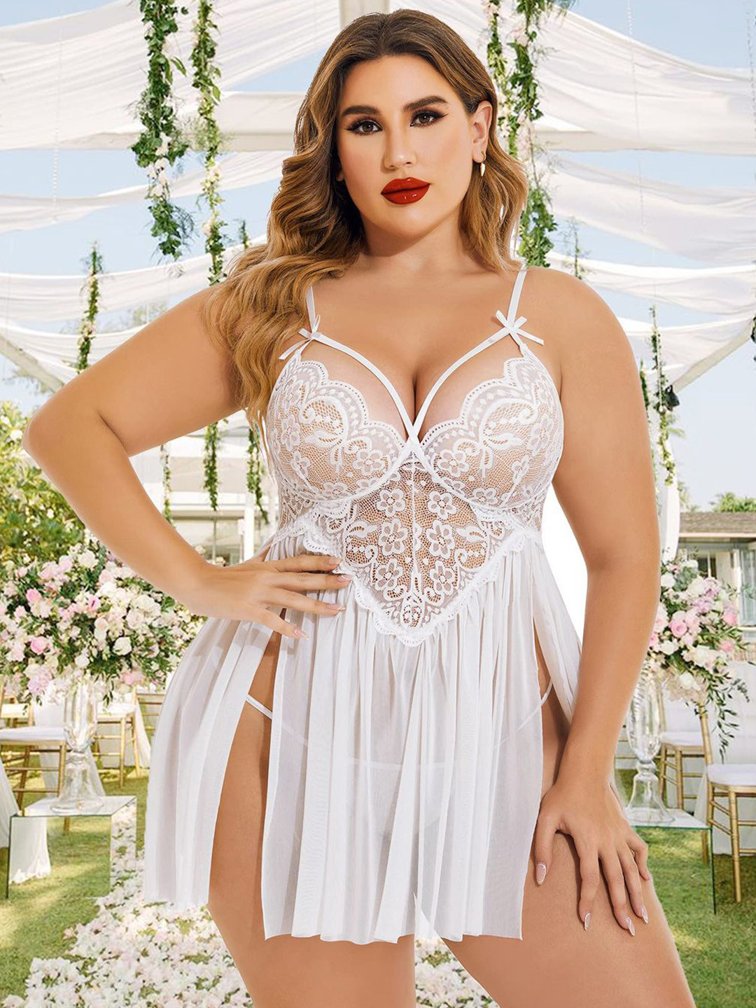TrendVerse Women Self Design Shoulder Strap Neck Baby Doll With Brief