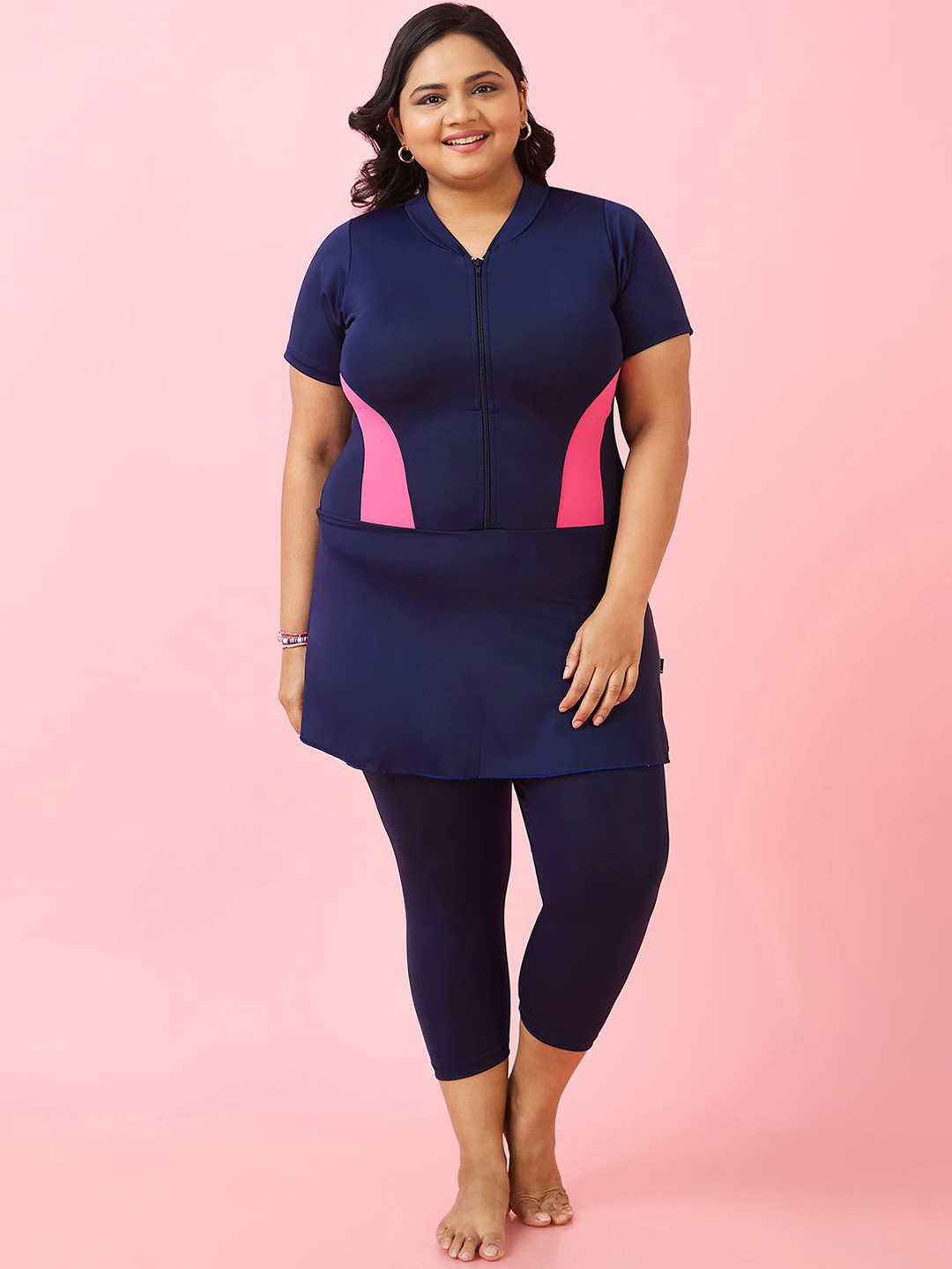 LYCOT Women Plus Size Side Panel V-Neck Swimming Dress