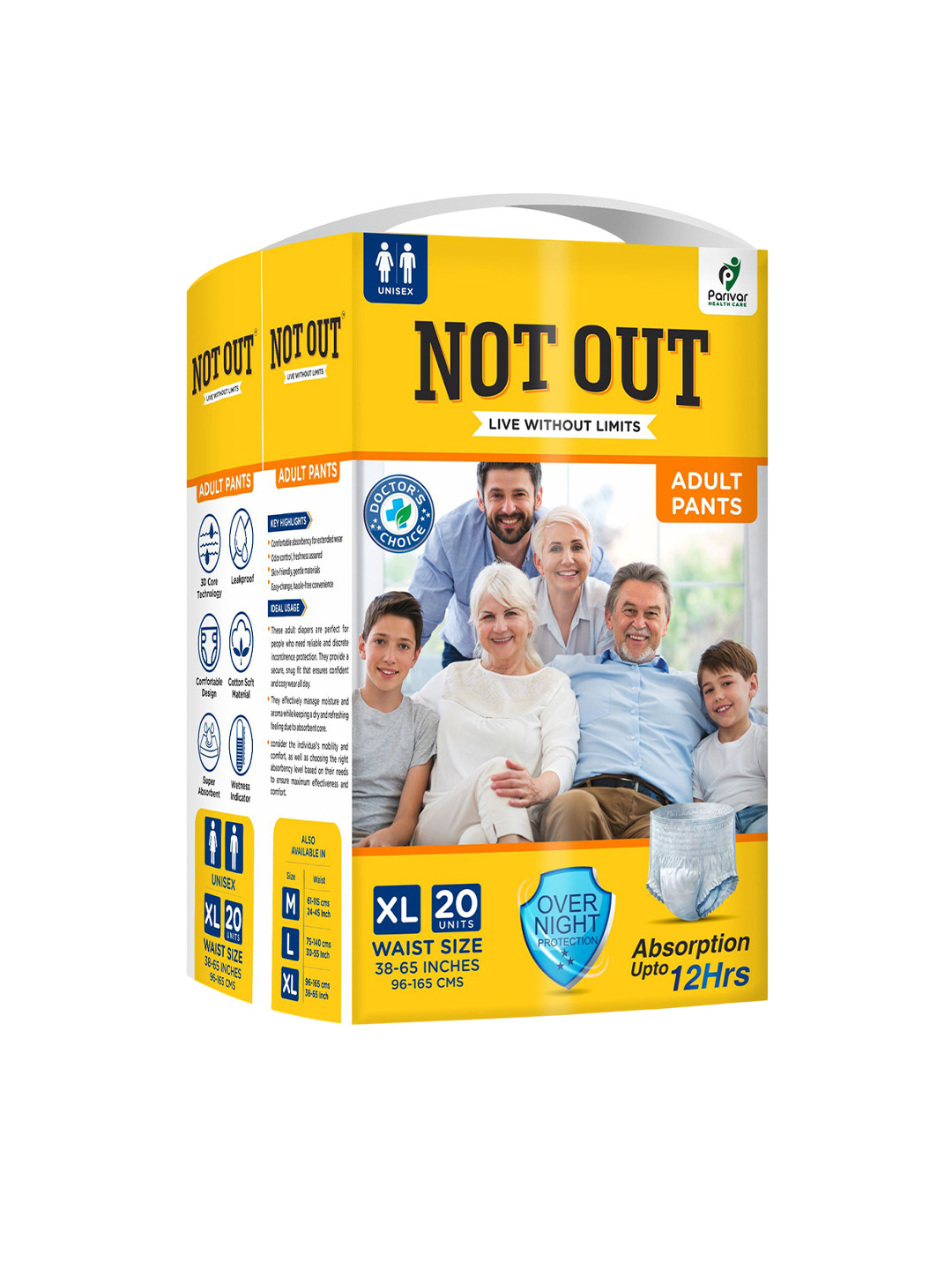 Not Out 3D Core Technology Adult Diapers - 20 Pieces - XL