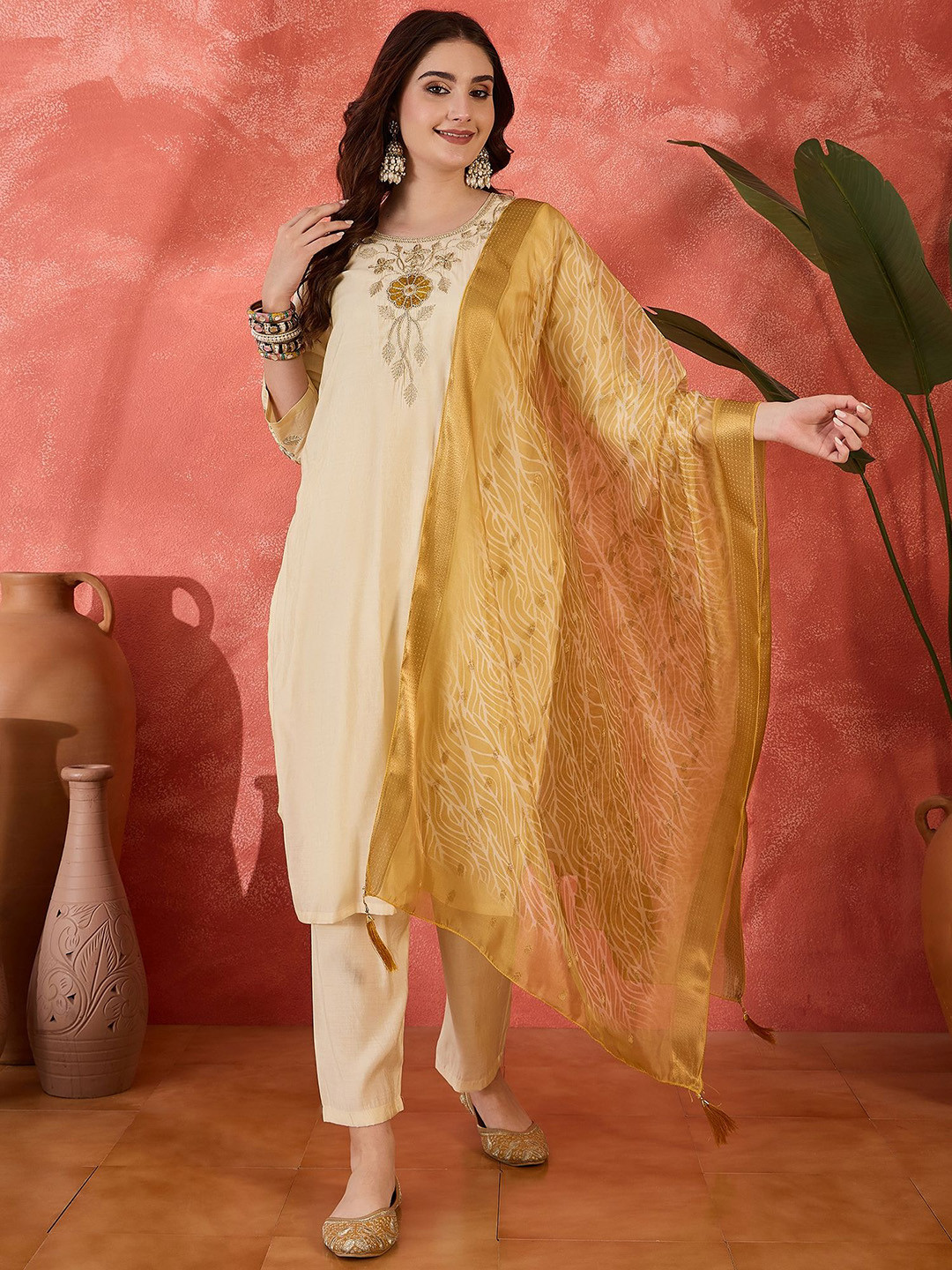 Sangria Embroidered Straight Kurta With Trouser & Dupatta Set