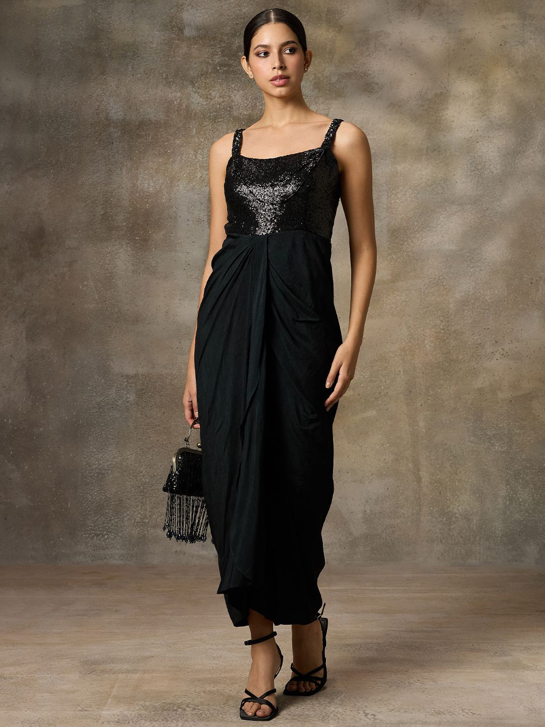 Rivaar By Rocky Star Women Black Embellished Draped Dress