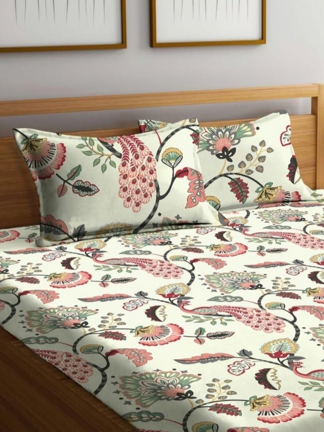 KIDS WONDERS White Floral Microfiber 160 TC Fitted King Bedsheet with 2 Pillow Covers-71 x 75 inches