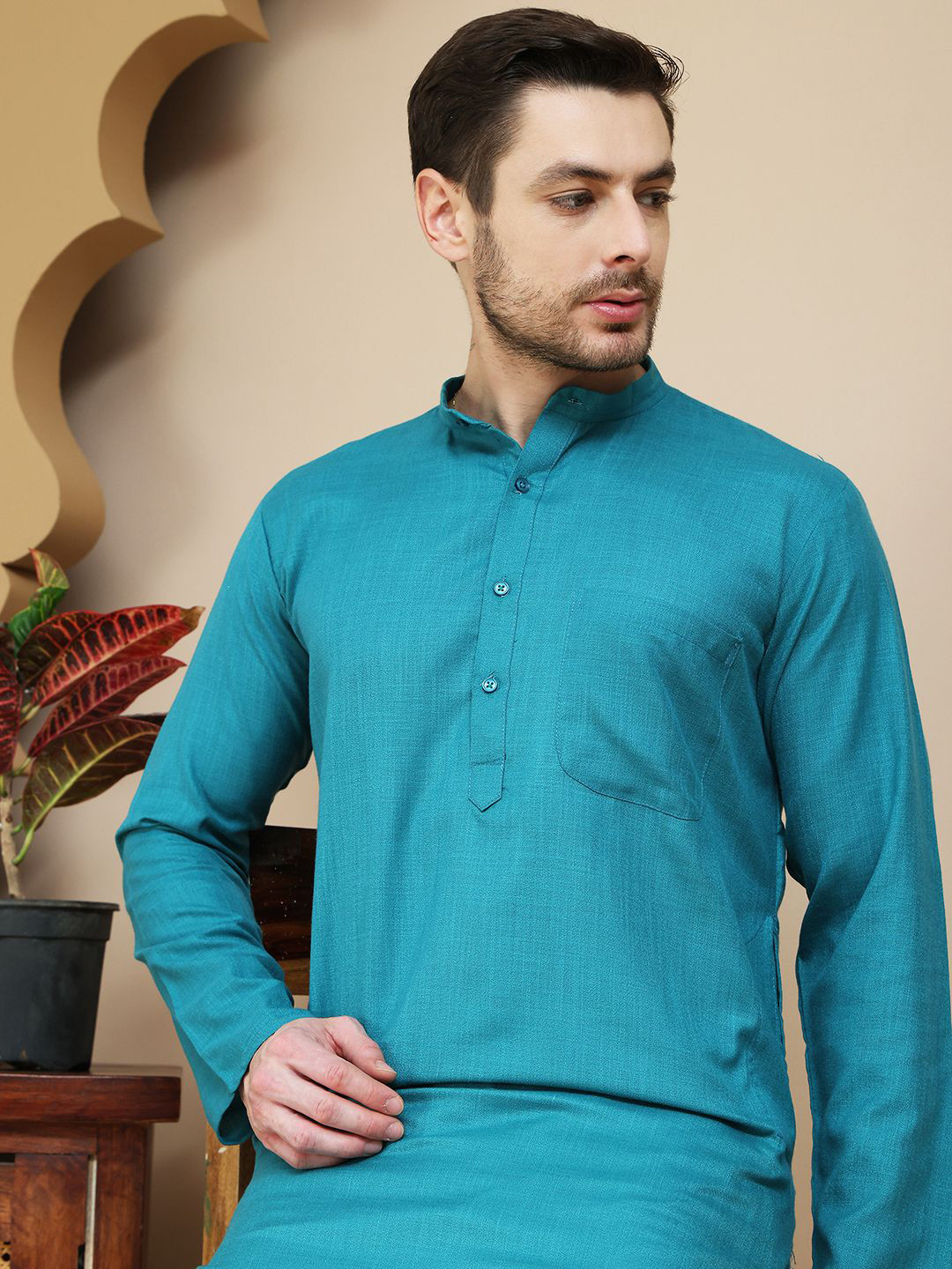Anouk Rustic Band Collar Pure Cotton Straight Kurta With Pyjamas