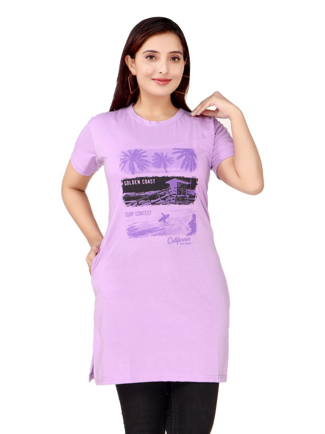 WOOL 4U Women Printed Extended Sleeves Pockets T-shirt