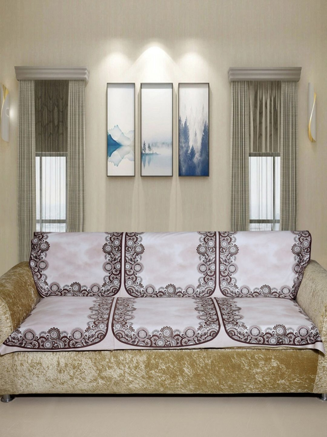 Aura Cream Floral Polyester Washable 6PC Straight 5 Seater Sofa Cover-26x22In