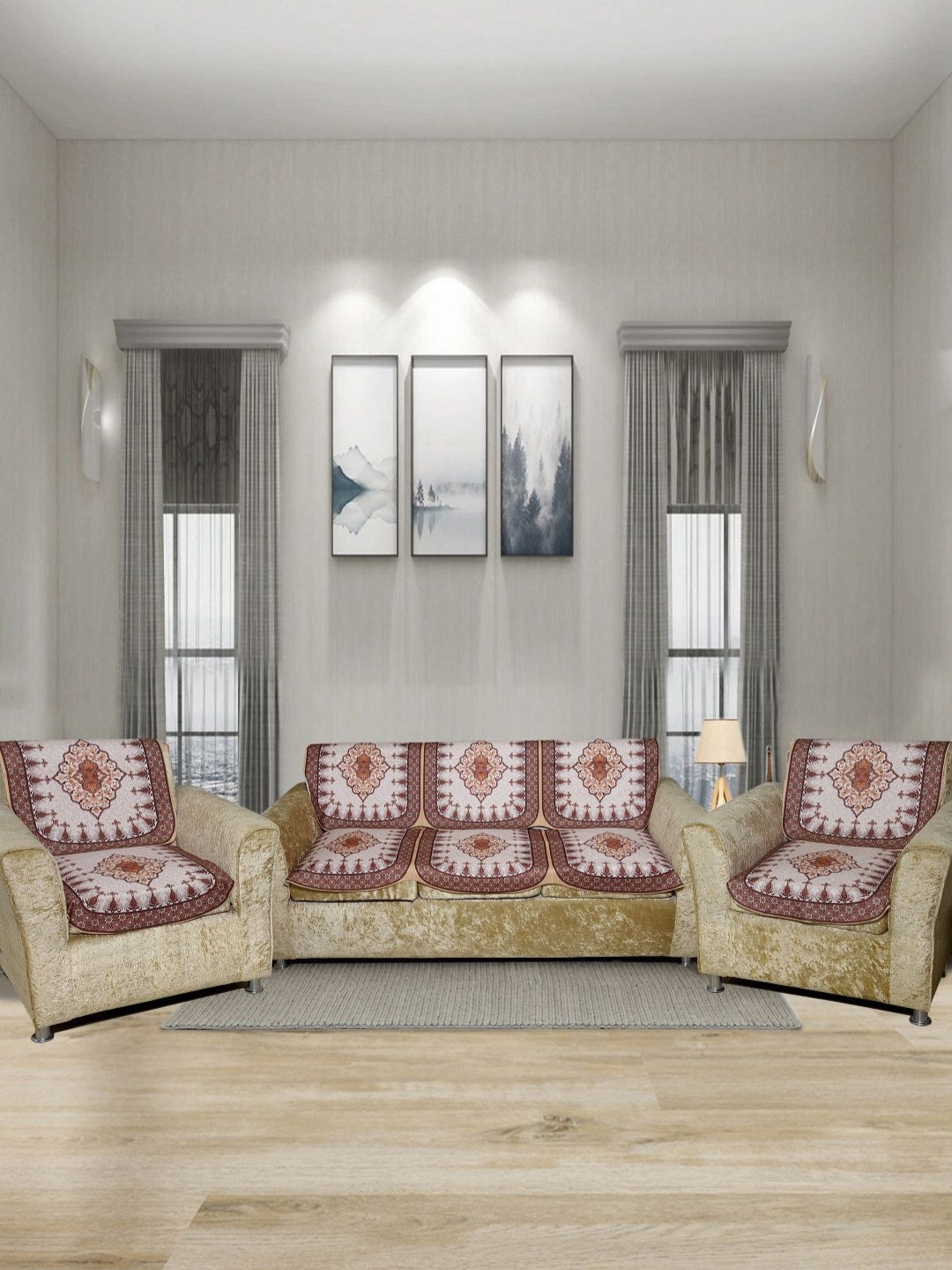 Aura Cream-Coloured & Brown 6 Pieces Floral Printed 5 Seater Sofa Covers