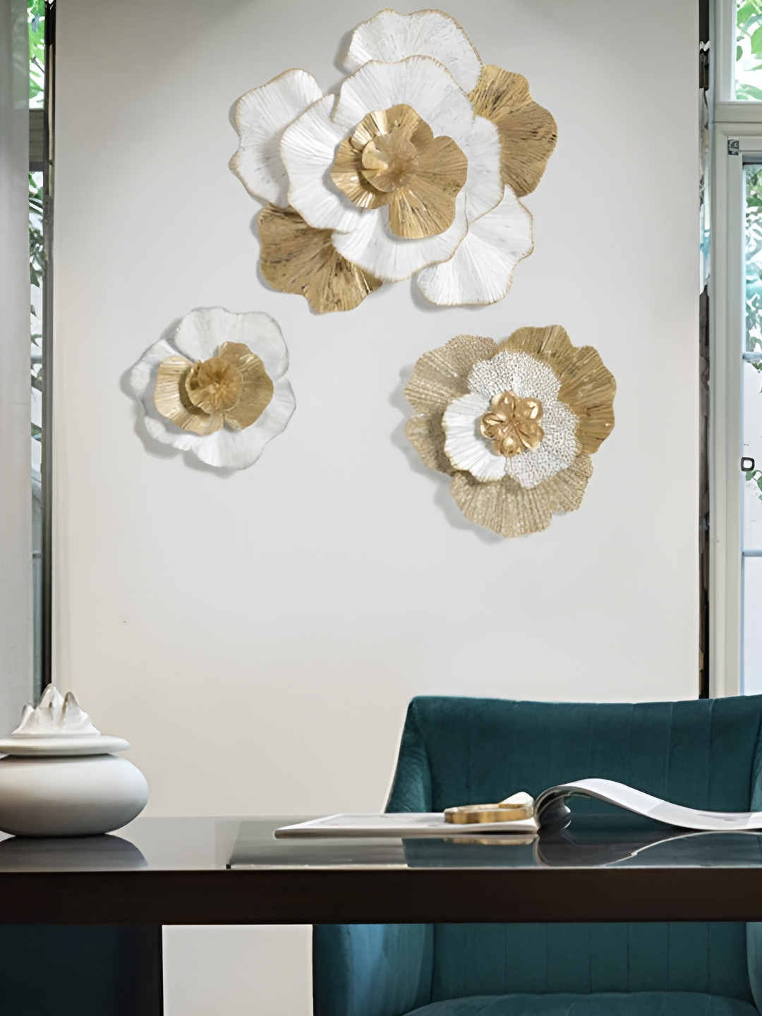 DESIGN WORLD GIFTS AND INTERIORS Metal Floral Wall Art Glossy 3Pcs Floral Wall Decor-24In