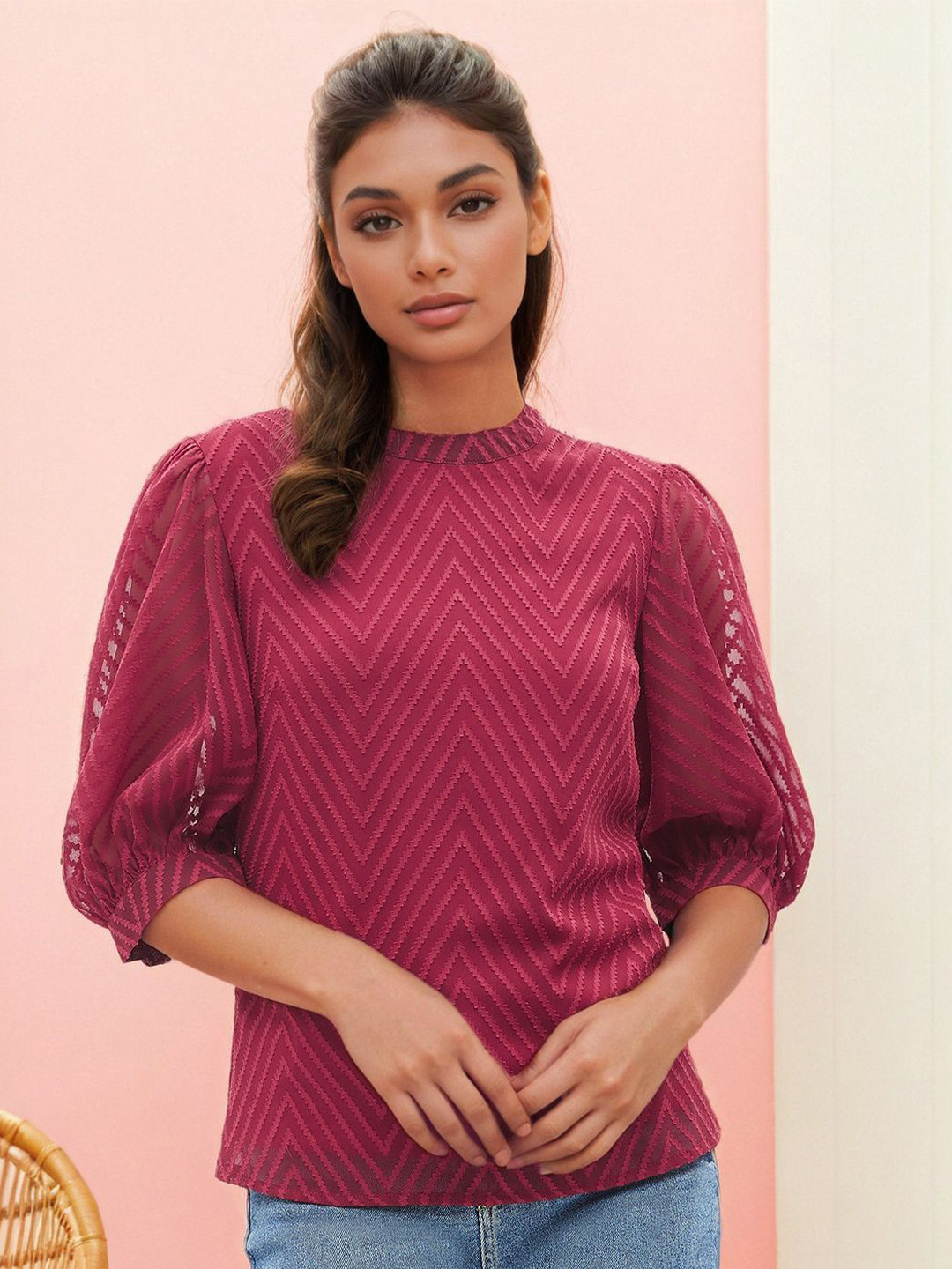 Maroon Geometric Round Neck Puff Sleeve Top