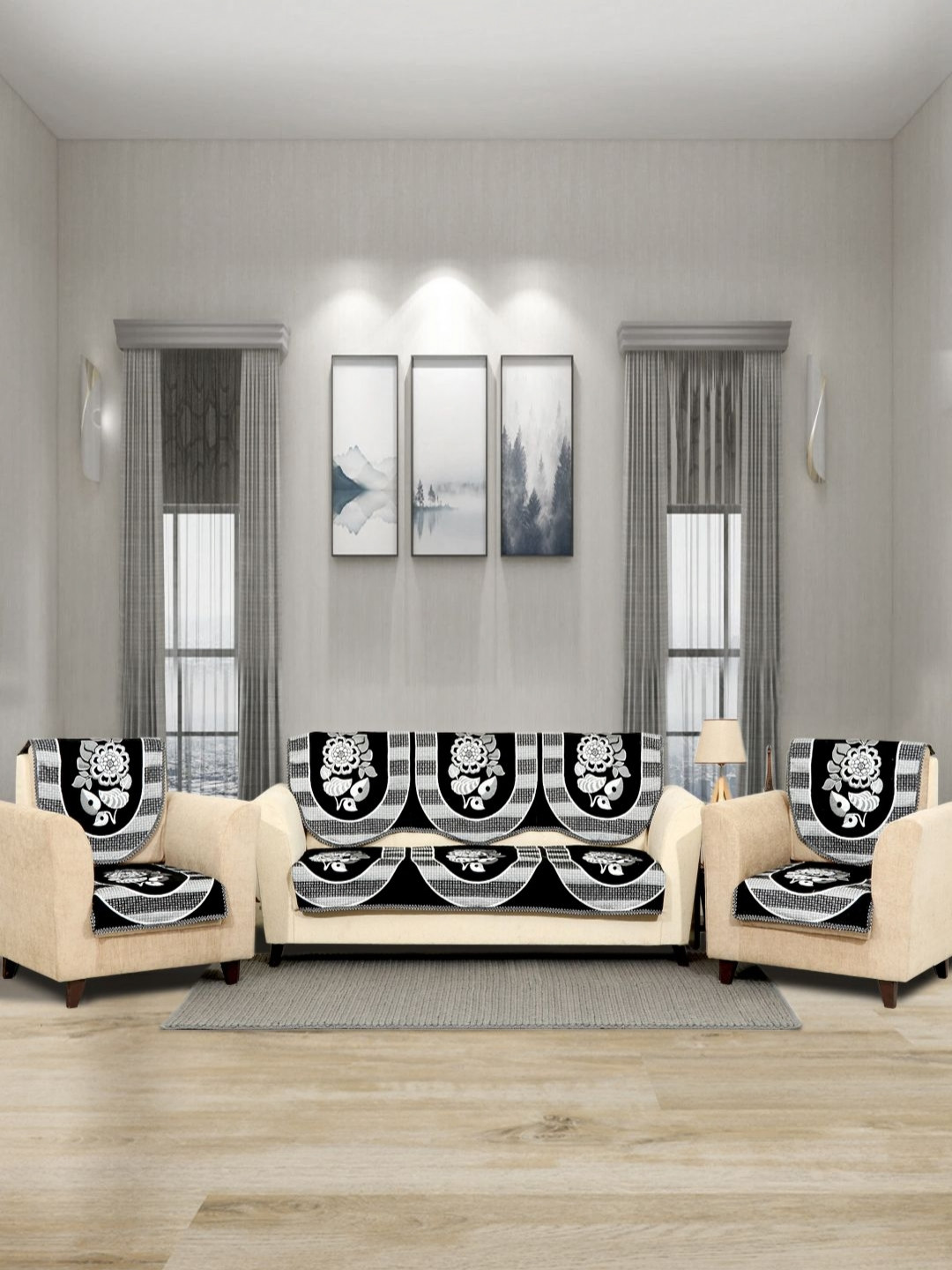 Aura Flower Black Floral Polyester 6PC Straight 5 Seater Sofa Cover-26x22In