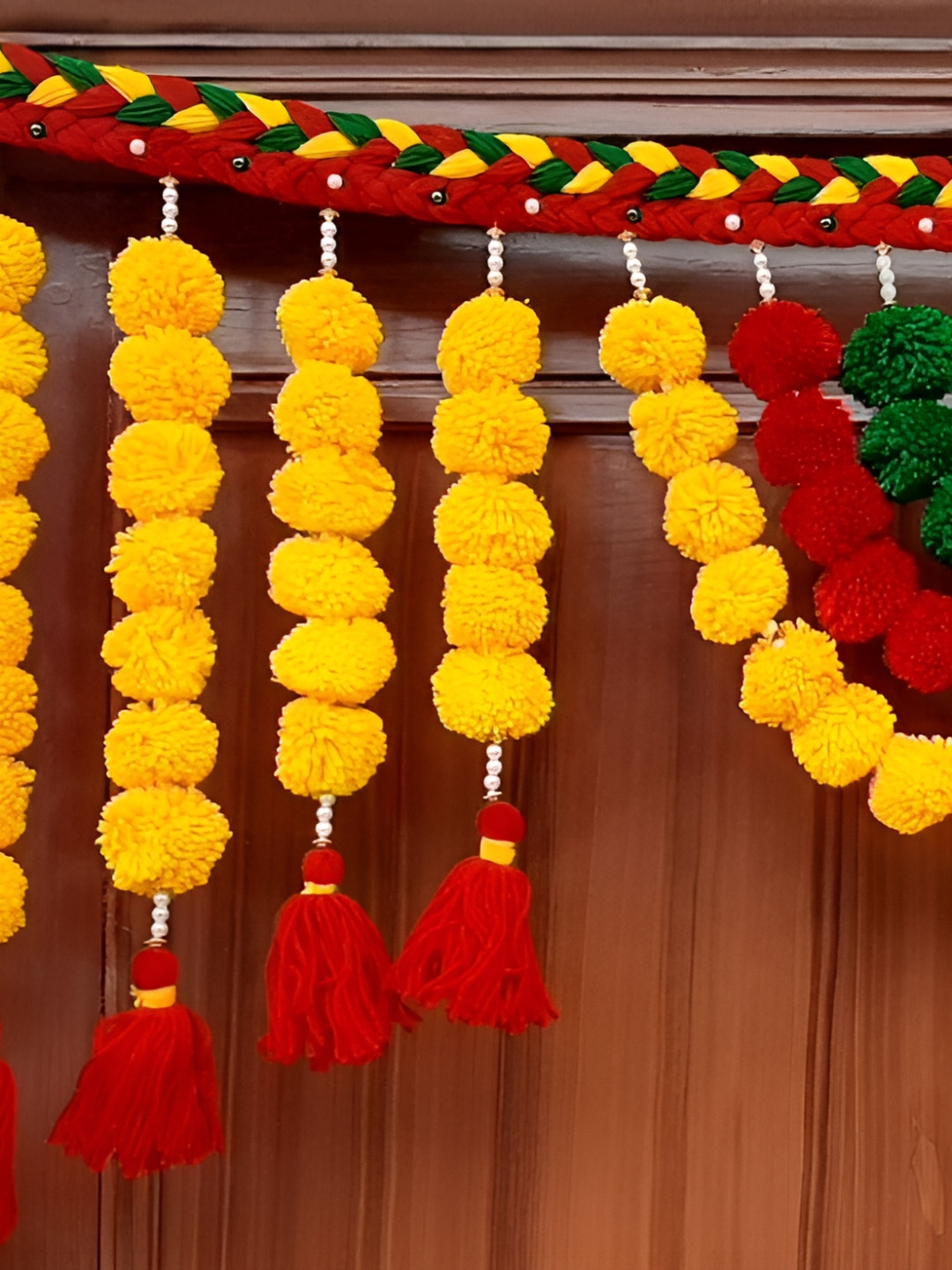 SATVIK CREATIONS Red & Yellow Handcrafted Pom Pom ThoranFestiveDecor