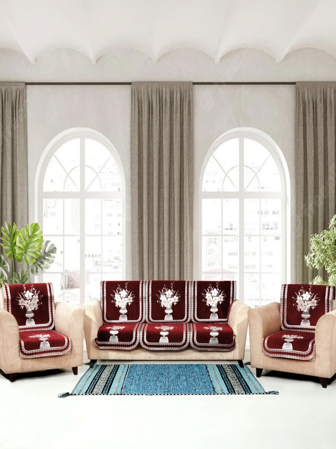 Aura Red & White 6 Pieces Flower Pot Printed 5 Seater Sofa Covers