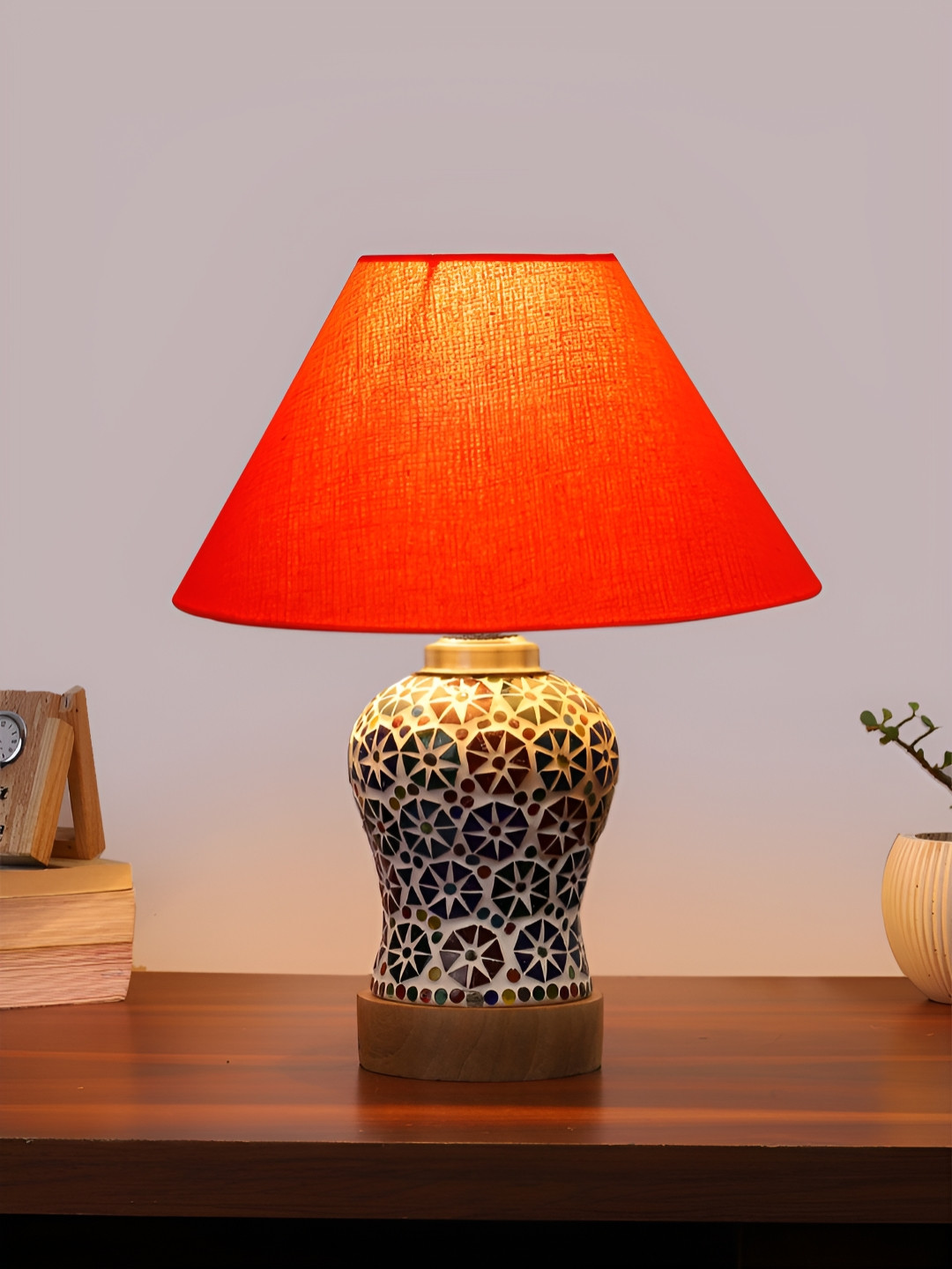 Aura Conical Orange Colored & White Printed Glass Frustum Shaped Table Lamp