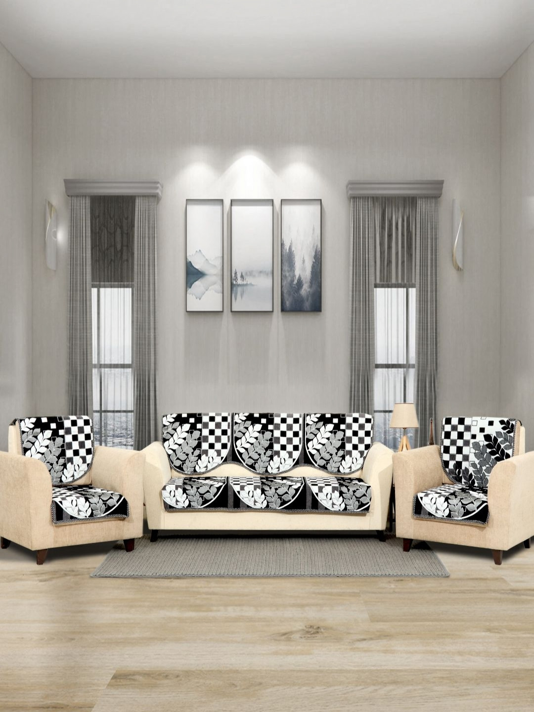 Aura Black Leaf Polyester 6PC Straight 5 Seater Sofa Cover-26x22In
