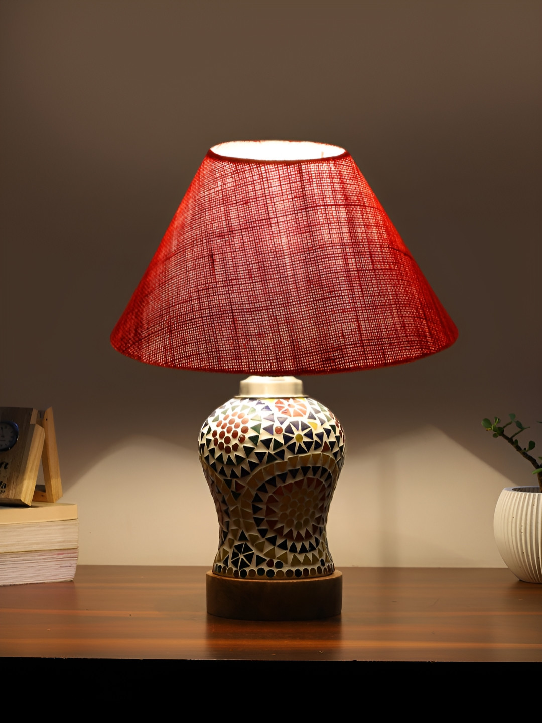 Aura Conical Pink & White Glass Printed Glass Frustum Shaped Table Lamp