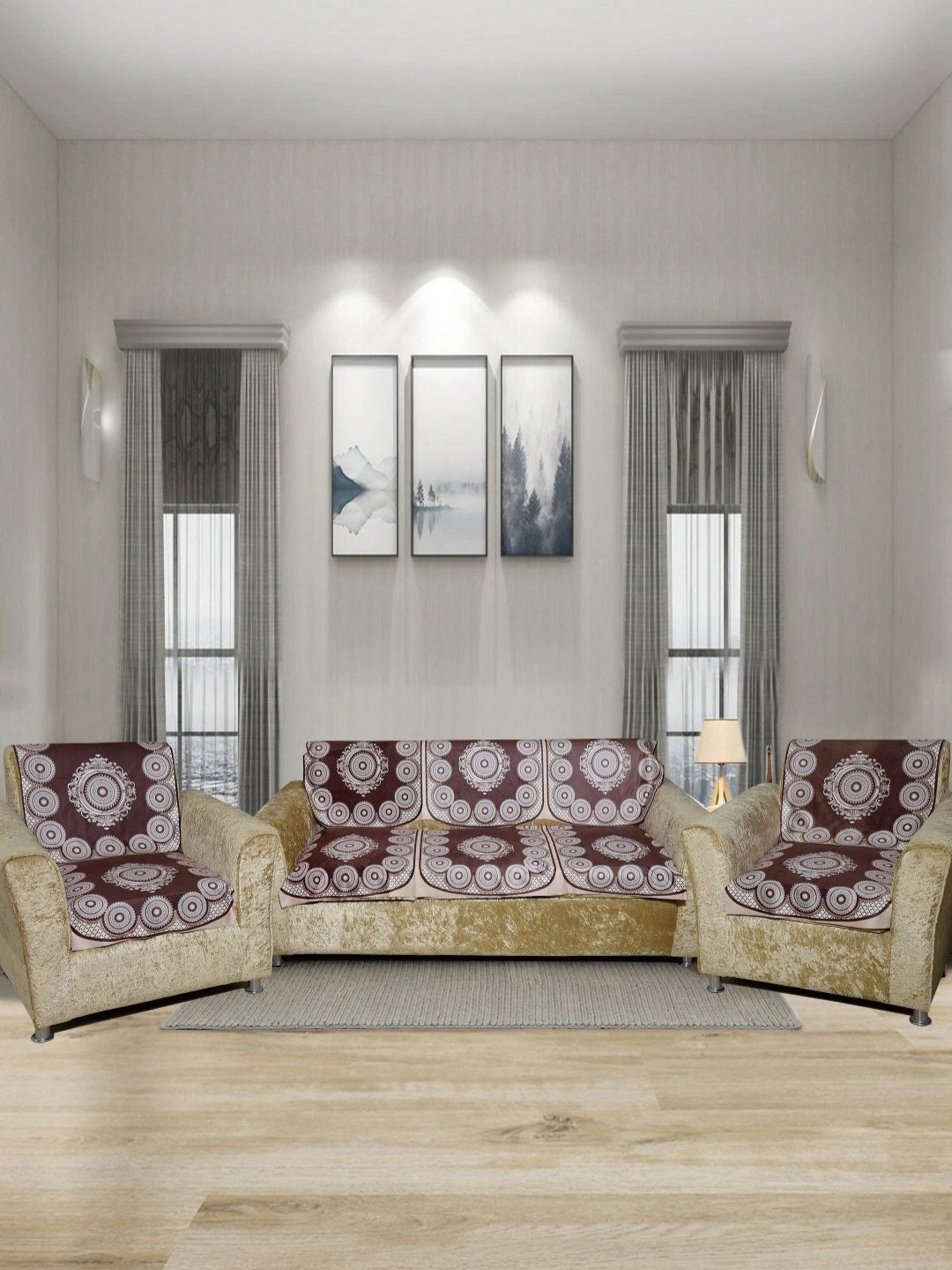 Aura Brown Ethnic Motifs Polyester Washable 6PC Straight 5 Seater Sofa Cover-26x22In