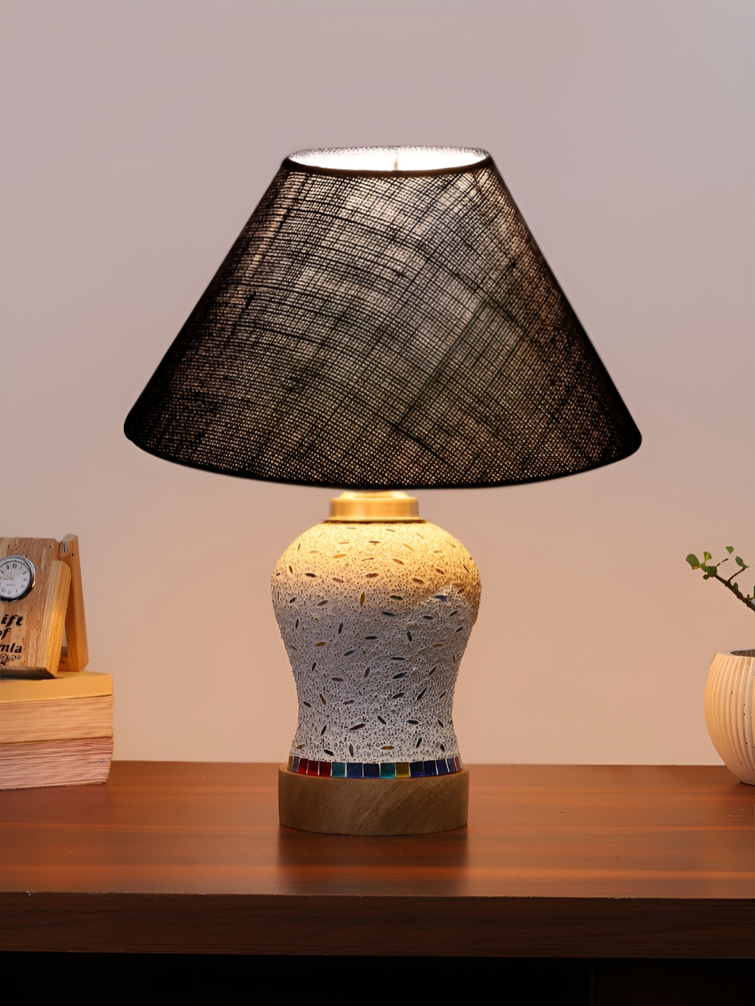 Aura Blue Textured Frustum Shaped Mosaic Glass Table Lamp