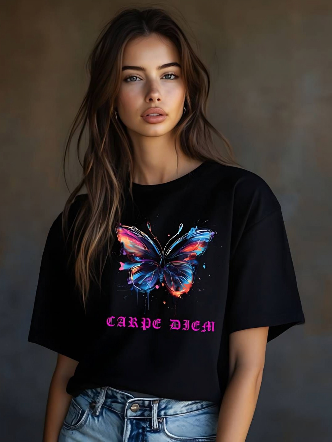 Storeily Women Butterfly Splash Cotton Oversized T-shirt