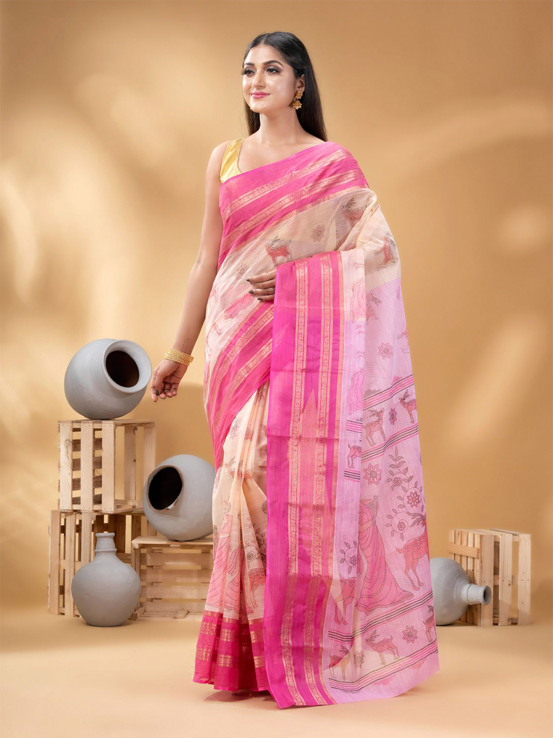 DESH BIDESH Woven Design Pure Cotton Shakuntala Printed Taant Saree