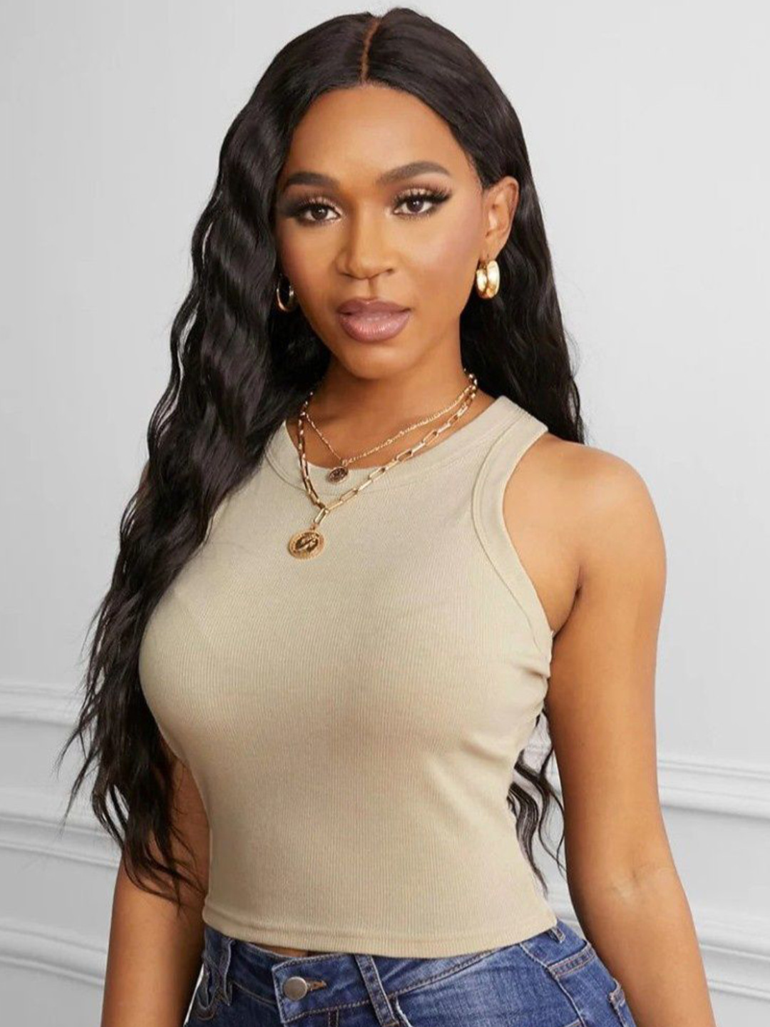 KERI PERRY Ribbed Round Neck Fitted Lycra Crop Top