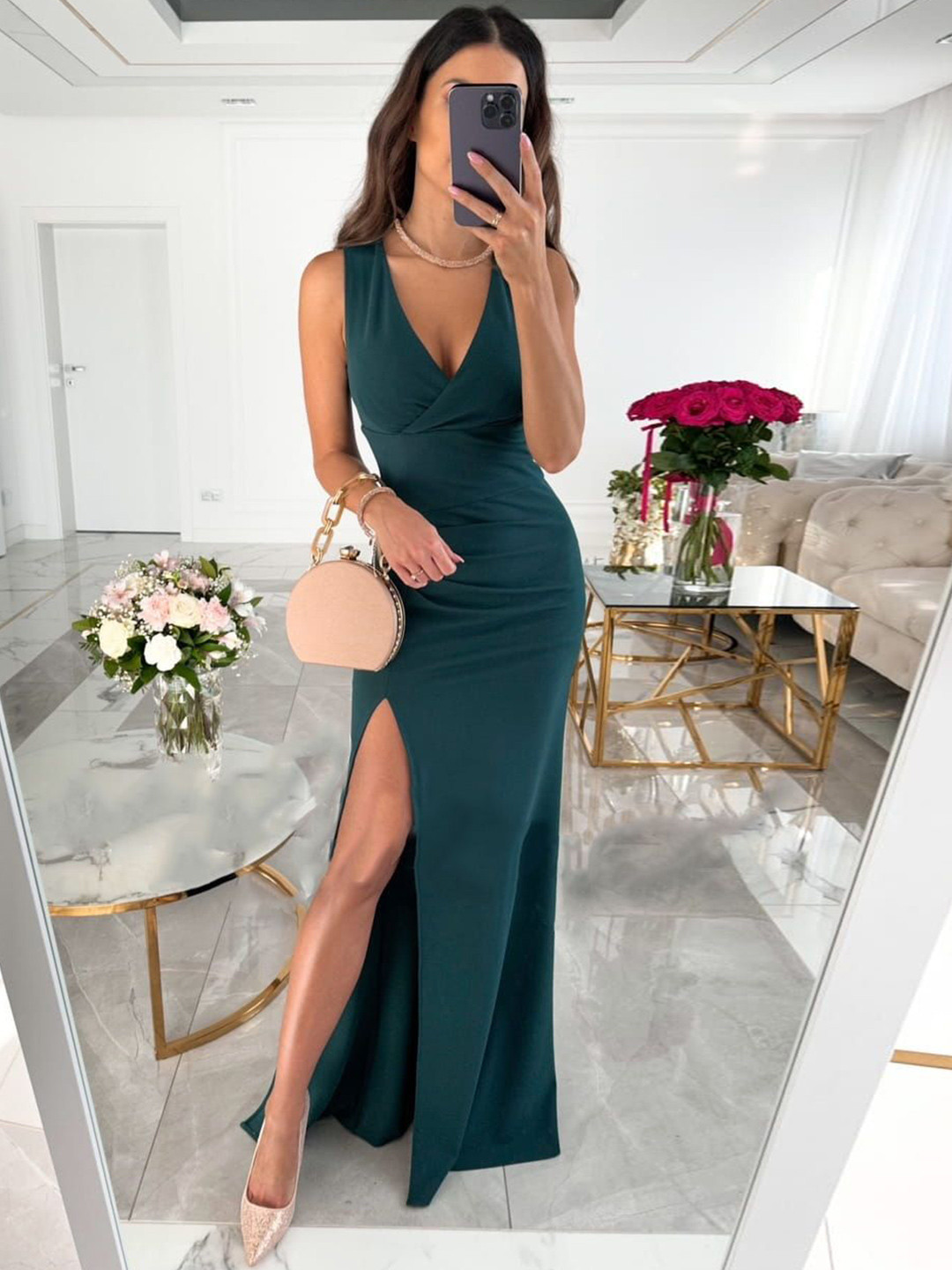 bebe Green Sleeveless Wrap V-Neck Slit Maxi Dress