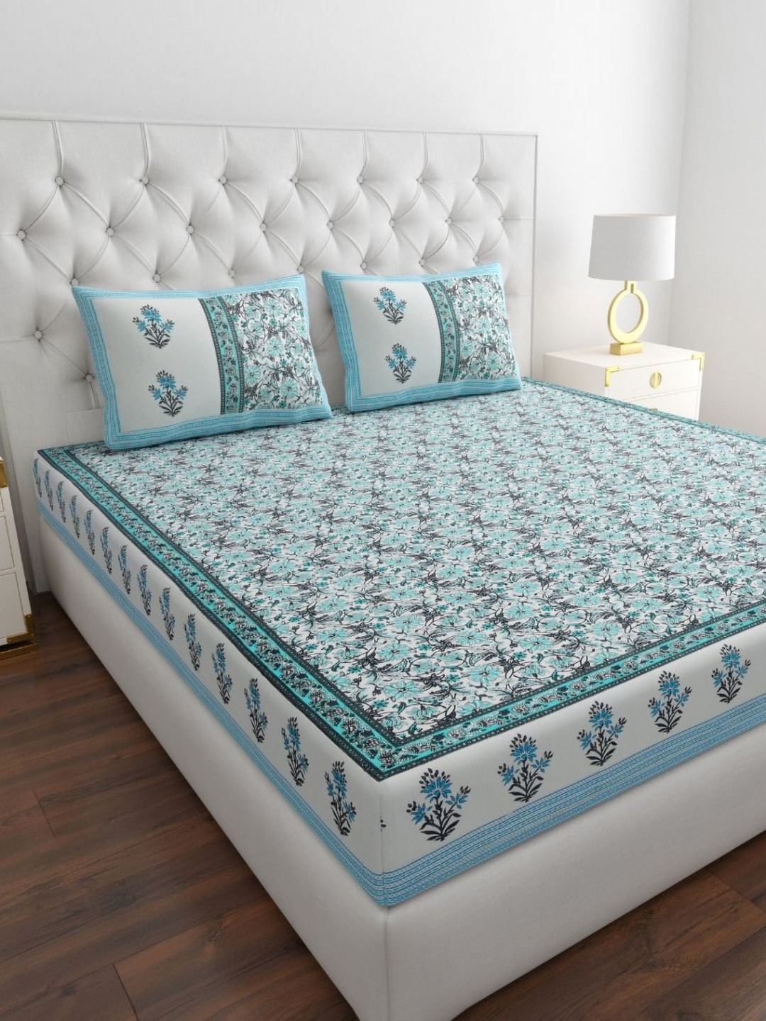 COZYKO Exclusively Turquoise Blue Floral Pure Cotton 210 TC King Fine Bedsheet with 2 Pillow Covers-87 x 93 inches