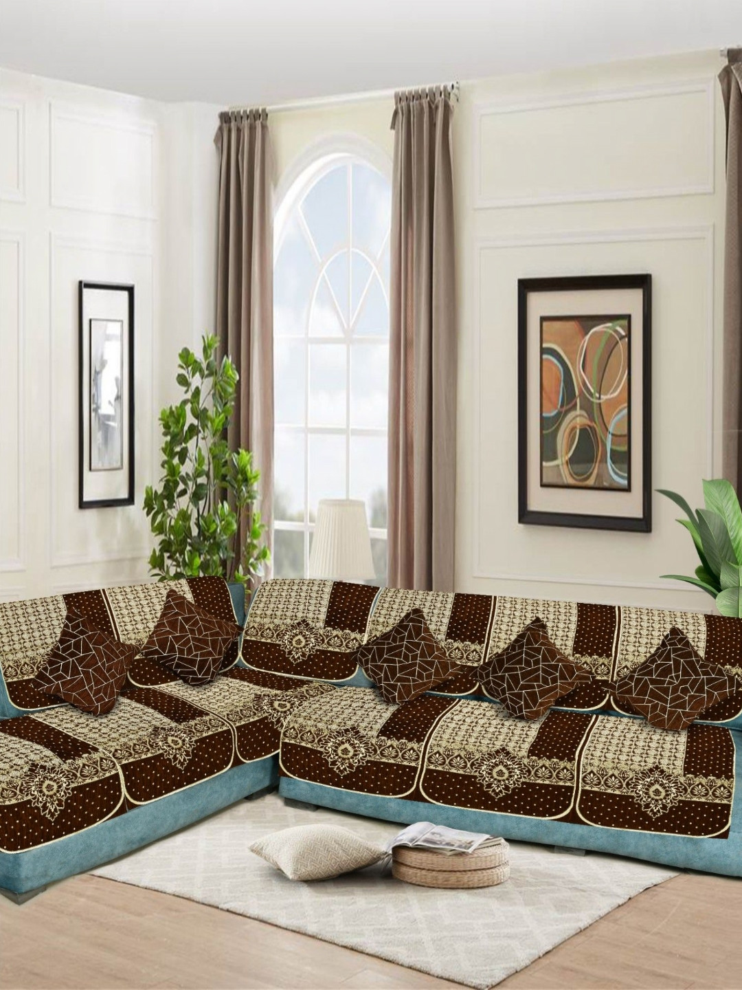 SAWNA HOMES Coffee Brown Embroidered Velvet Sofa Cover With Coushion Covers