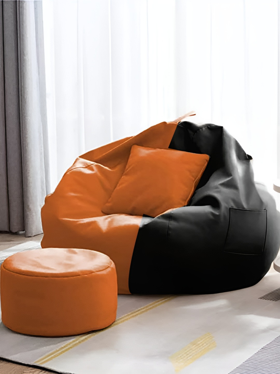 AARIJ MART 3-Pcs Black & Orange-Colored Colour-Blocked Bean Bag With Footrest & Cushion