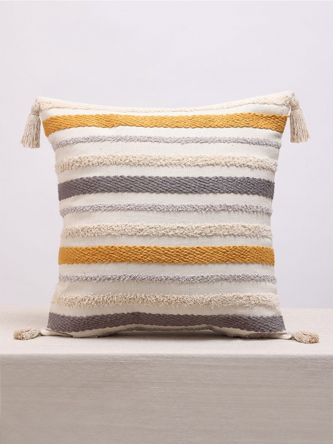 ANWYN Modern Indie White & Yellow Self Design Cotton Square Cushion Cover