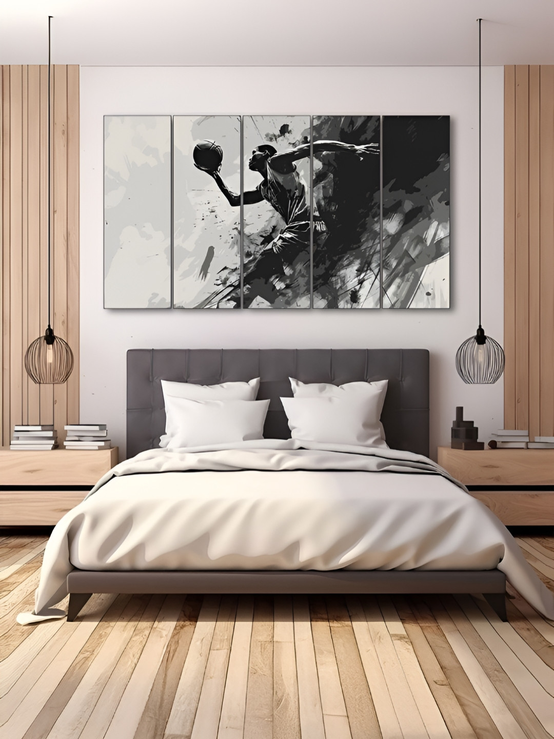 The Castle Decor Grey & Black 5 Pieces Basketball Player Printed Wall Art