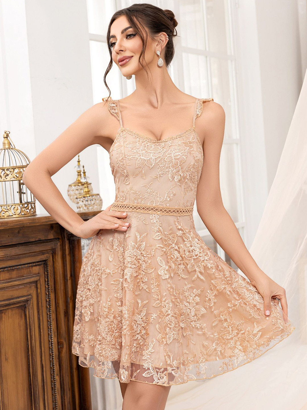 bebe Floral Lace Spaghetti Strap Fit & Flare Mini Dress with Lace-Up Back