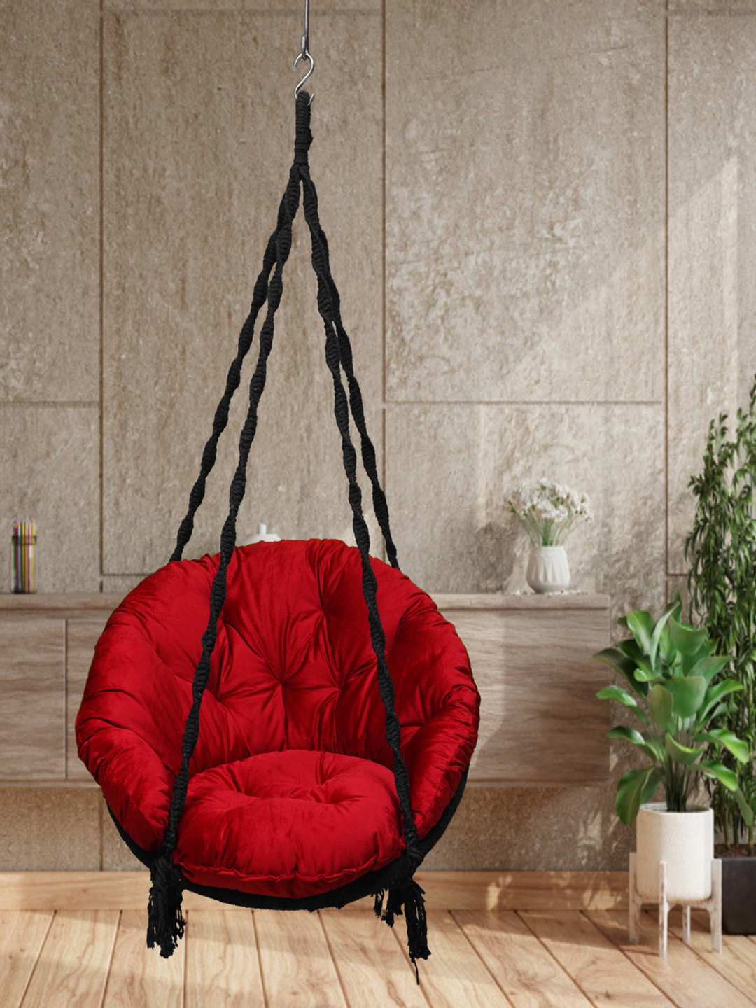 Patiofy Black & Red Cotton Round Comfortable Hammock Swing Chair With Cushion