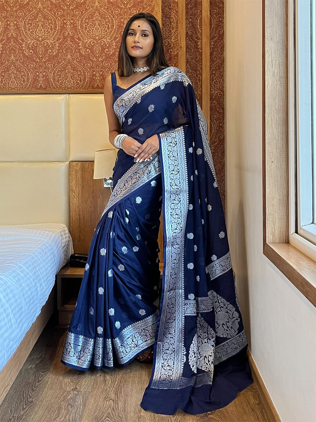 Banarasee With Silver Zari Buta & Border-Blue Saree