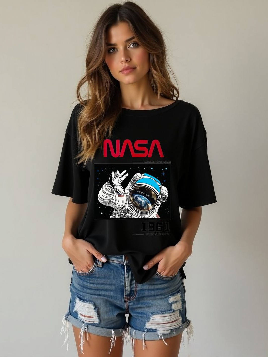 SZN Women Nasa Graphic Printed Round Neck Cotton Oversized T-shirt