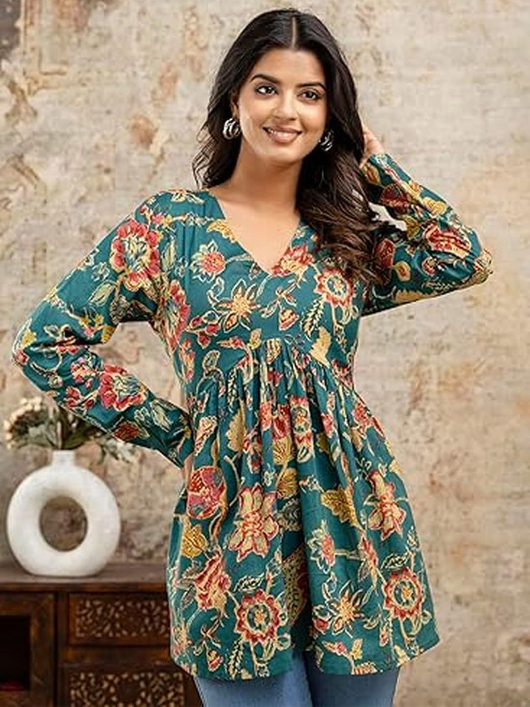 LABEL ADRIJA Printed V-Neck Pure Cotton Handloom Kurti