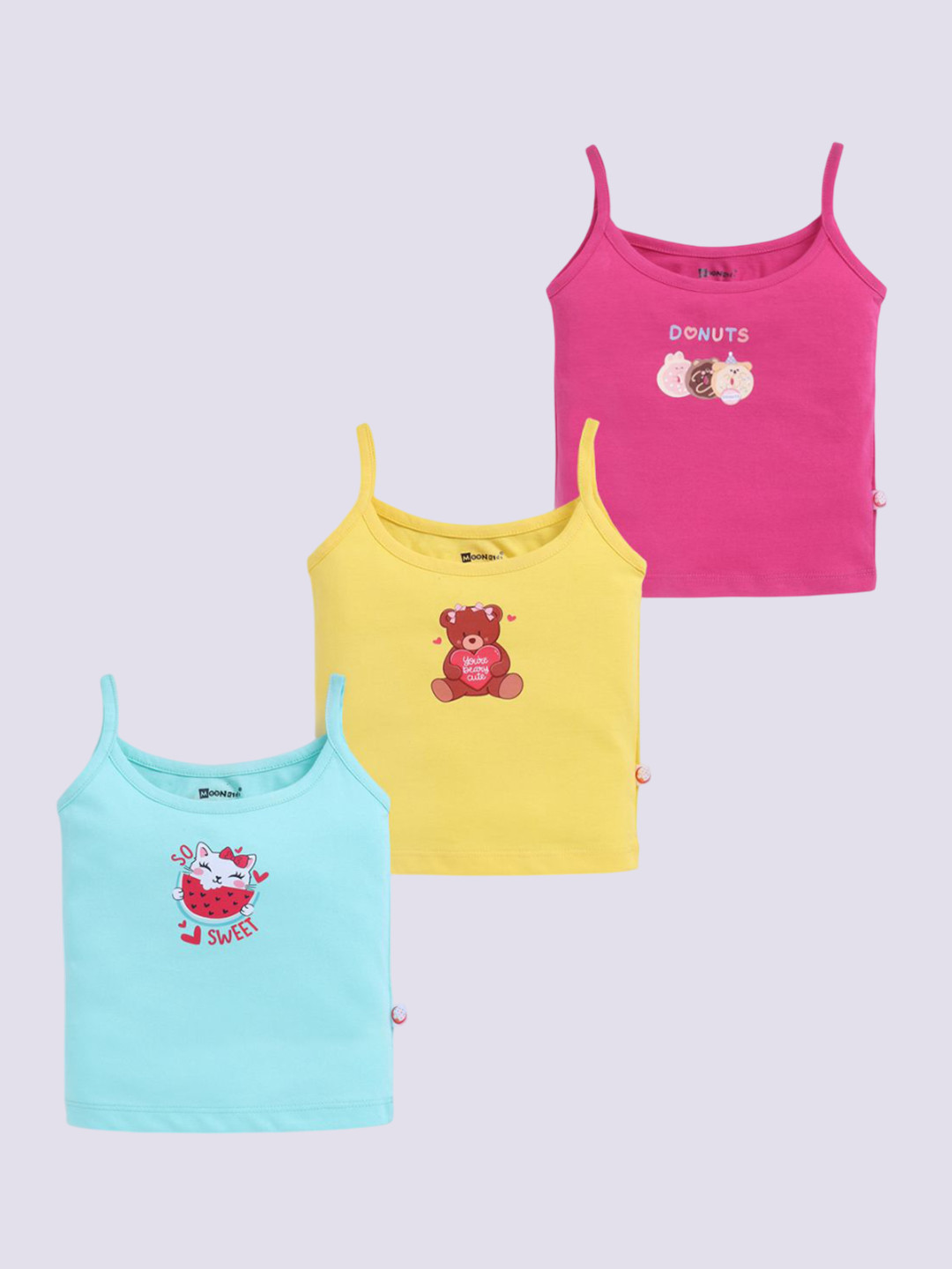 MooNKids Infant Kids Pack Of 3 Printed Cotton Basic Vests MK_Slip_3 p.blu fucsia ylw