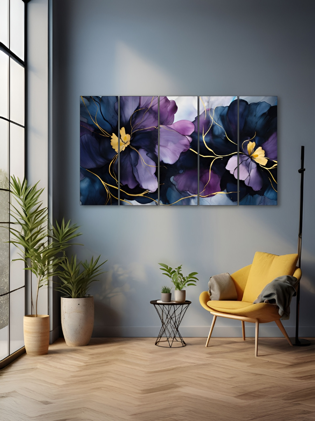 The Castle Decor Purple & Yellow 5 Piece Wood Floral and Botanical Wall Paintings