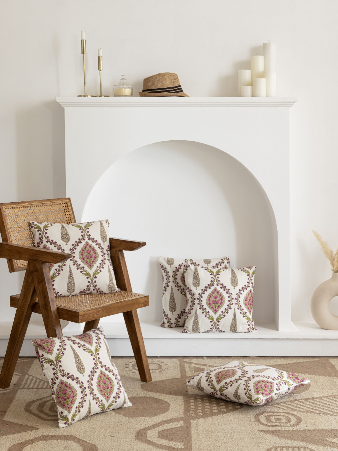 Clasiko Spring Petals White Floral Cotton Washable 5 Piece Square Cushion Covers -22x22In