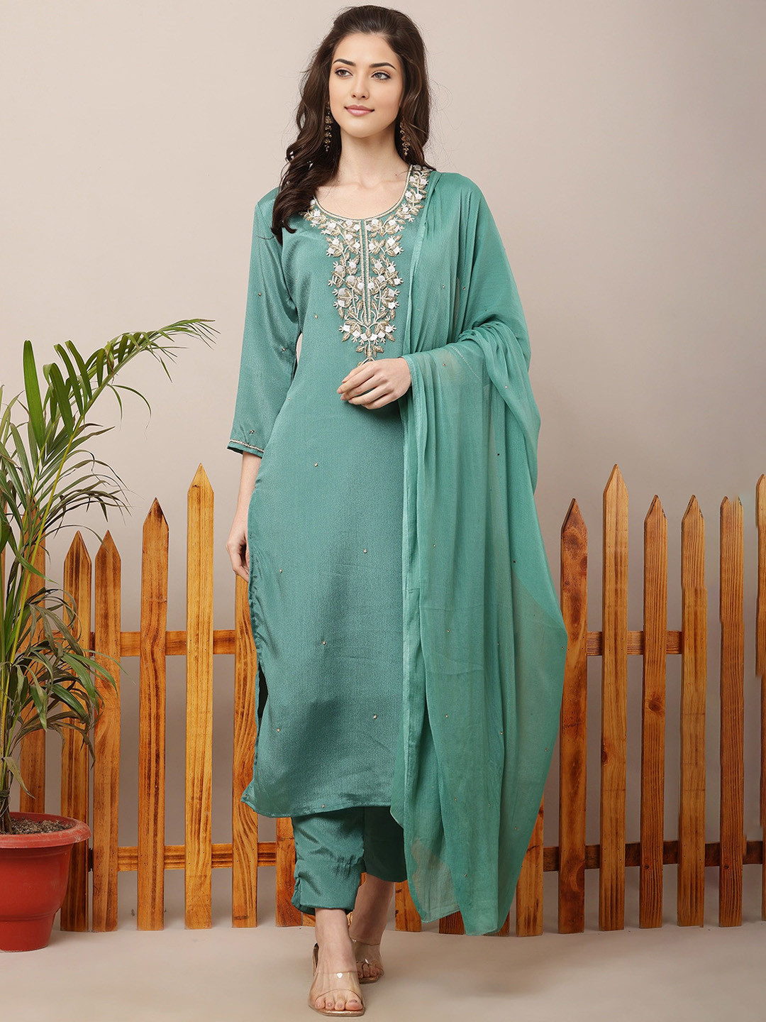 Amodra Women Embroidered Regular Beads and Stones Kurta with Trousers & With Dupatta