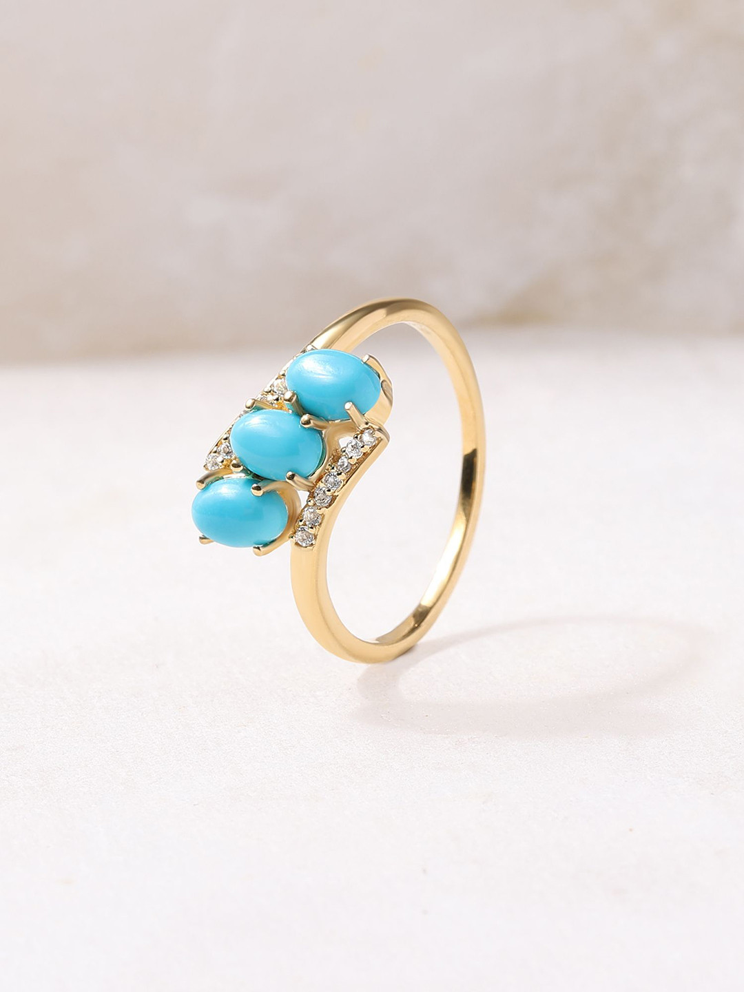 Ornate Jewels 925 Silver 18K Gold-Plated Turquoise Triology Finger Ring