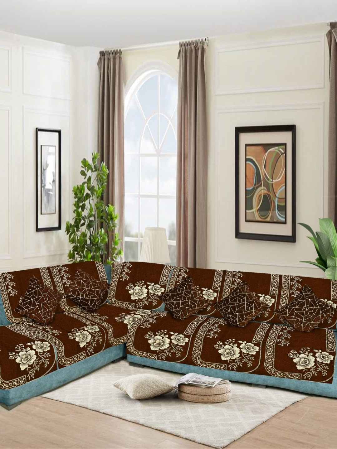 SAWNA HOMES Coffee Brown Embroidered Velvet Sofa Cover With Coushion Covers