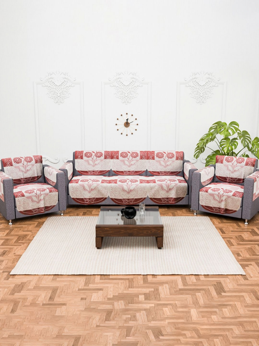 Myntra Elegant Homes Red & Cream-Coloured Cotton Sofa Cover With Arms
