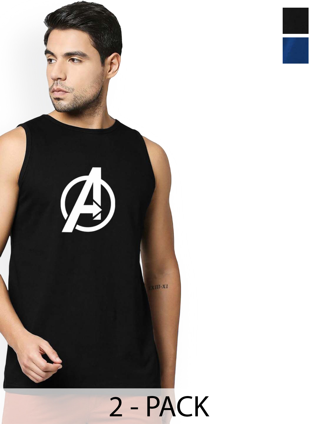 Organic Chics Pack Of 2 Printed Cotton Tank Vests Black Avenger - Royal Spider_S