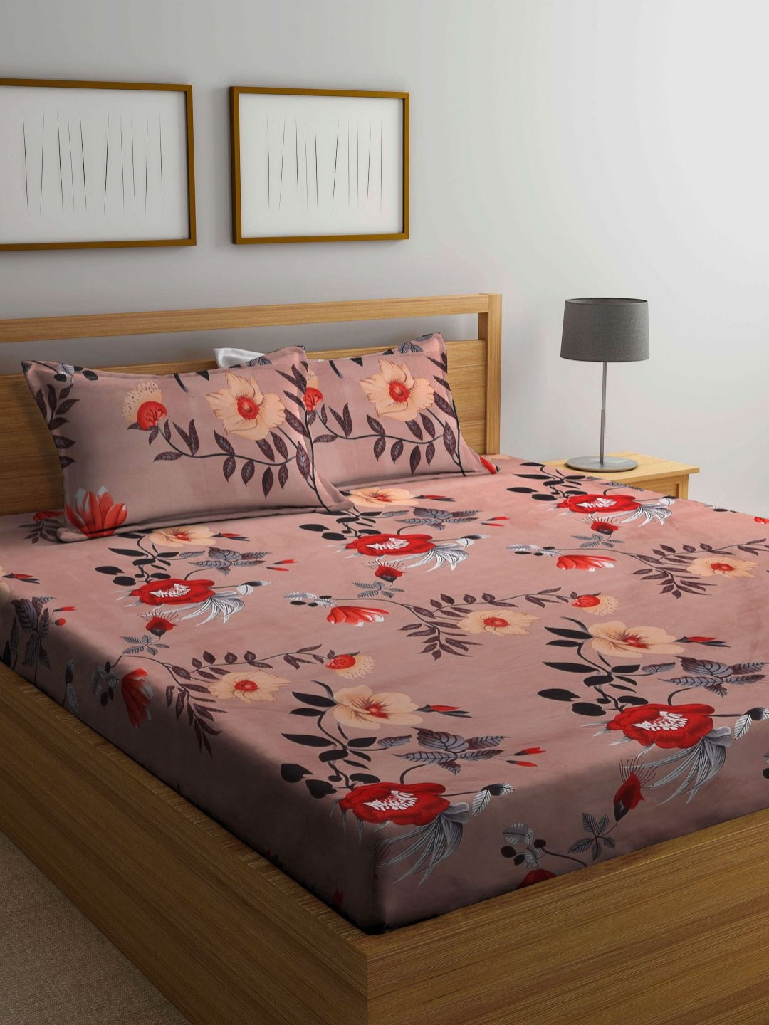 Aura Brown & Red Floral Printed 300 TC King Bedsheet Set 2.7 m x 2.6 m