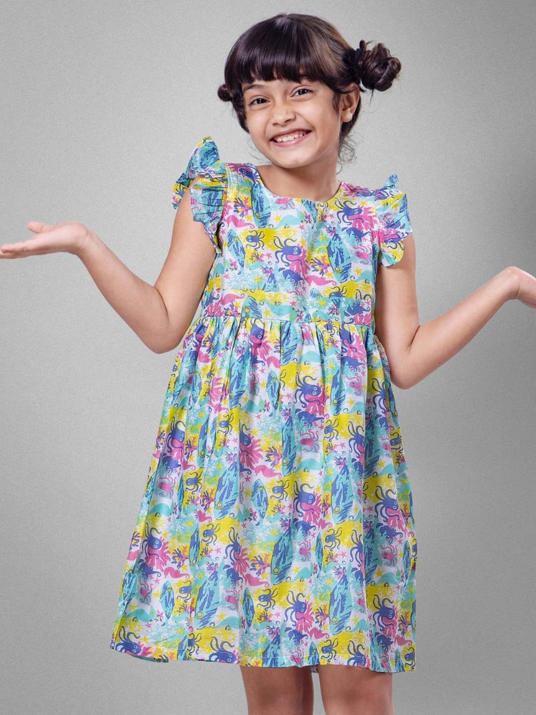Tura Turi Girls Conversational Printed Flutter Sleeve Cotton Empire Dress