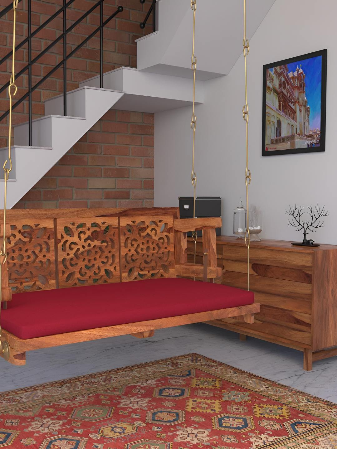 JAIRI TRADERS Brown & Red Wooden Swings With Back Support & Cushion