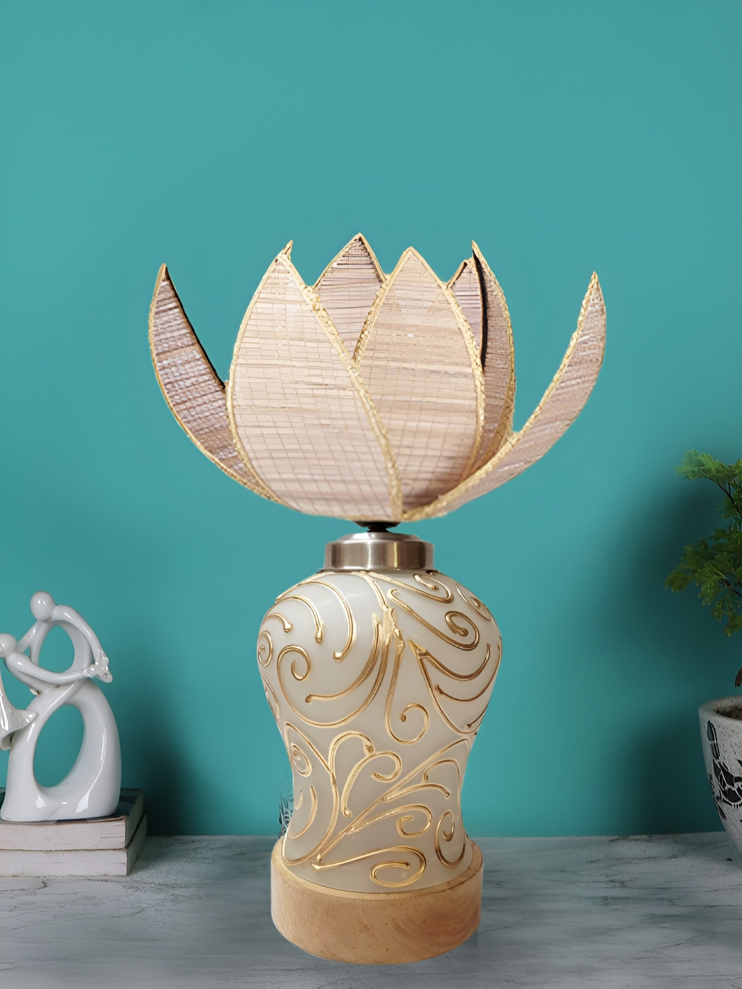 Aura Beige & Gold-Toned Rose Shape Glass & Wooden Table Lamp