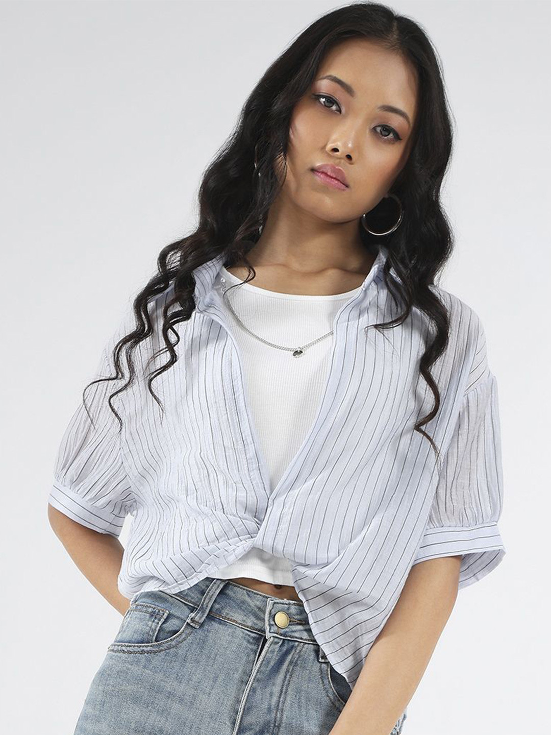 Sera Women Striped Oversized Korean Shirt with tank top and necklace