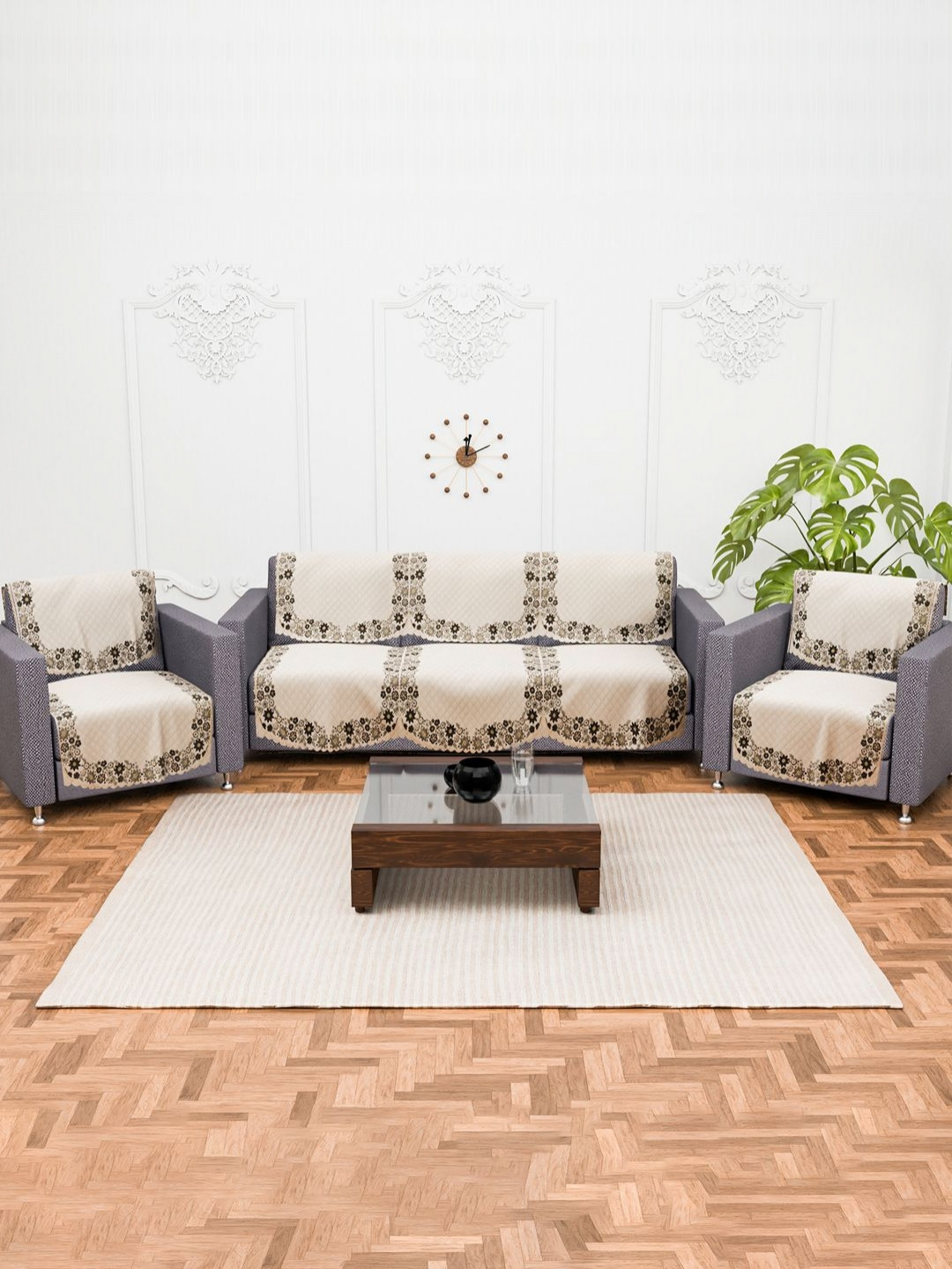 Myntra Elegant Homes 10 Pieces Cream Quilted Checked 5 Seater Sofa Covers