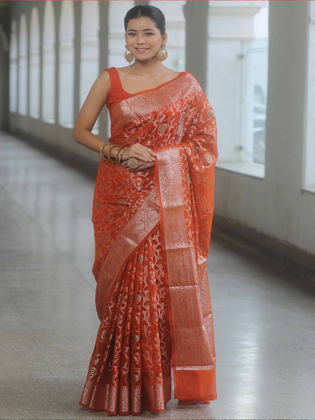 Banarasee  Silver Zari Jaal Design & Border-Rust Saree