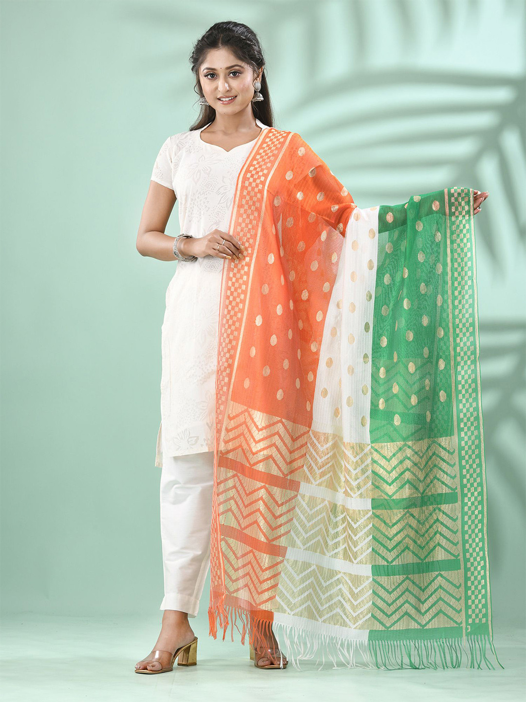 DESH BIDESH Geometric Woven Design Silk Net Dupatta
